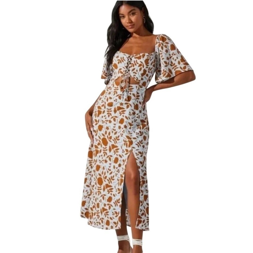 ASTR the Label‎ Blue Brown Floral Lace Up Cutout Midi Dress ALD44563 Small